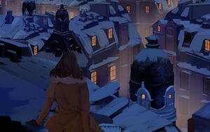 Preview wallpaper girl, alone, roof, buildings, night, art