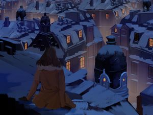 Preview wallpaper girl, alone, roof, buildings, night, art