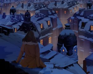 Preview wallpaper girl, alone, roof, buildings, night, art