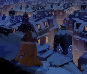Preview wallpaper girl, alone, roof, buildings, night, art