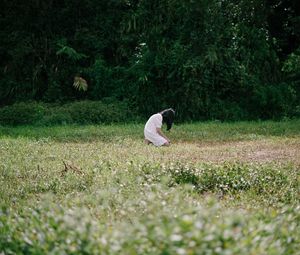 Preview wallpaper girl, alone, sad, field, trees, grass