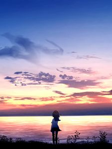 Preview wallpaper girl, alone, sea, horizon, art