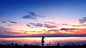 Preview wallpaper girl, alone, sea, horizon, art