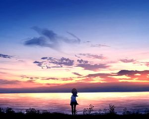 Preview wallpaper girl, alone, sea, horizon, art