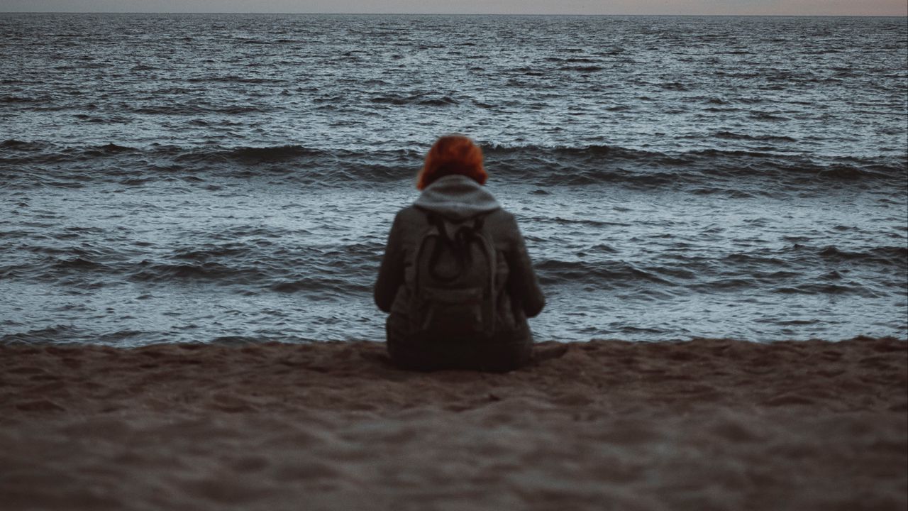 Wallpaper girl, alone, shore, beach, sunset