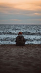 Preview wallpaper girl, alone, shore, beach, sunset