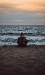 Preview wallpaper girl, alone, shore, beach, sunset