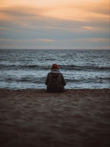 Preview wallpaper girl, alone, shore, beach, sunset