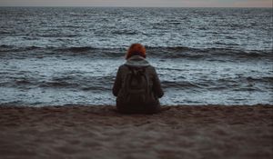 Preview wallpaper girl, alone, shore, beach, sunset