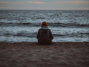 Preview wallpaper girl, alone, shore, beach, sunset