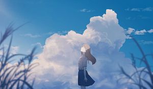 Preview wallpaper girl, alone, smile, clouds, anime, art