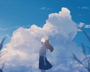 Preview wallpaper girl, alone, smile, clouds, anime, art