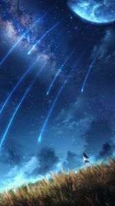 Preview wallpaper girl, alone, space, meteors, art