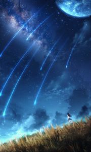 Preview wallpaper girl, alone, space, meteors, art