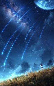 Preview wallpaper girl, alone, space, meteors, art