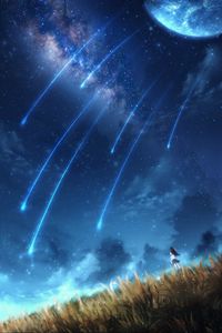 Preview wallpaper girl, alone, space, meteors, art