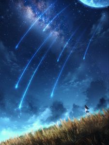 Preview wallpaper girl, alone, space, meteors, art