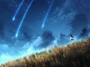 Preview wallpaper girl, alone, space, meteors, art