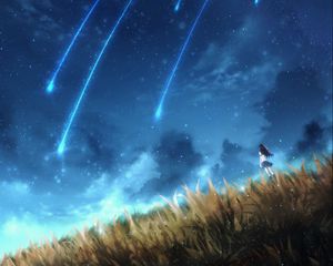 Preview wallpaper girl, alone, space, meteors, art