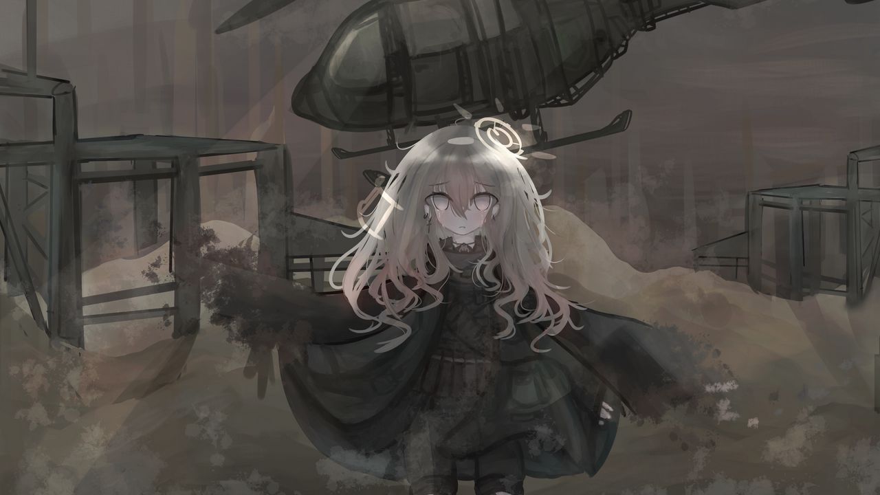 Wallpaper girl, alone, tears, helicopter, war, anime