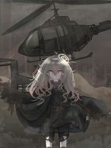 Preview wallpaper girl, alone, tears, helicopter, war, anime