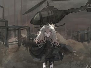 Preview wallpaper girl, alone, tears, helicopter, war, anime
