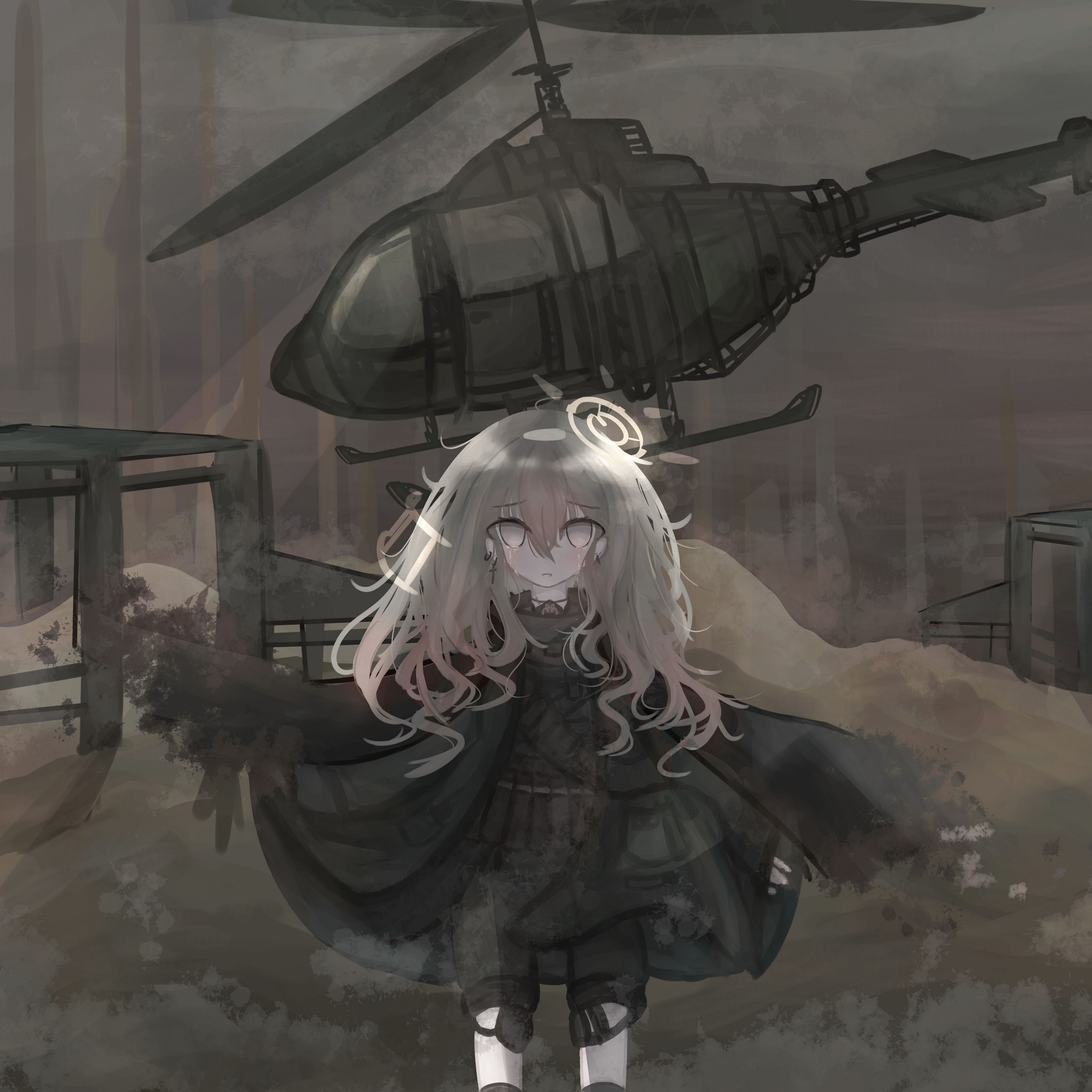Download wallpaper 3415x3415 girl, alone, tears, helicopter, war, anime  ipad pro 