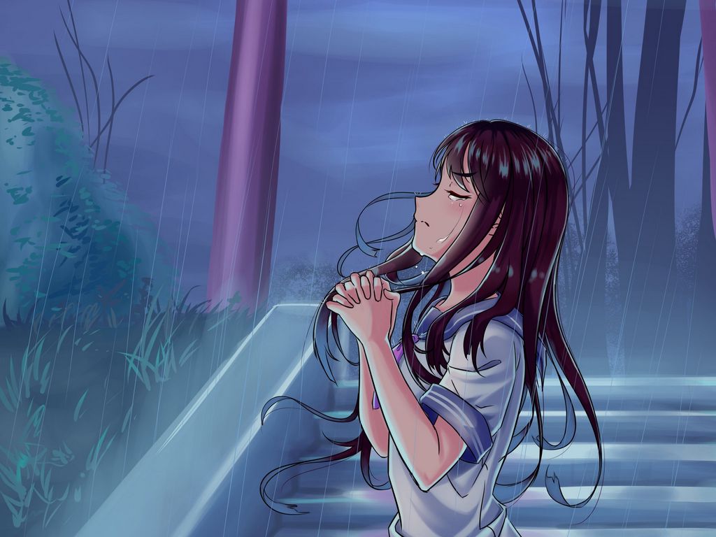 Download wallpaper 1024x768 girl, alone, tears, sad, rain, prayer, anime  standard 4:3 hd background