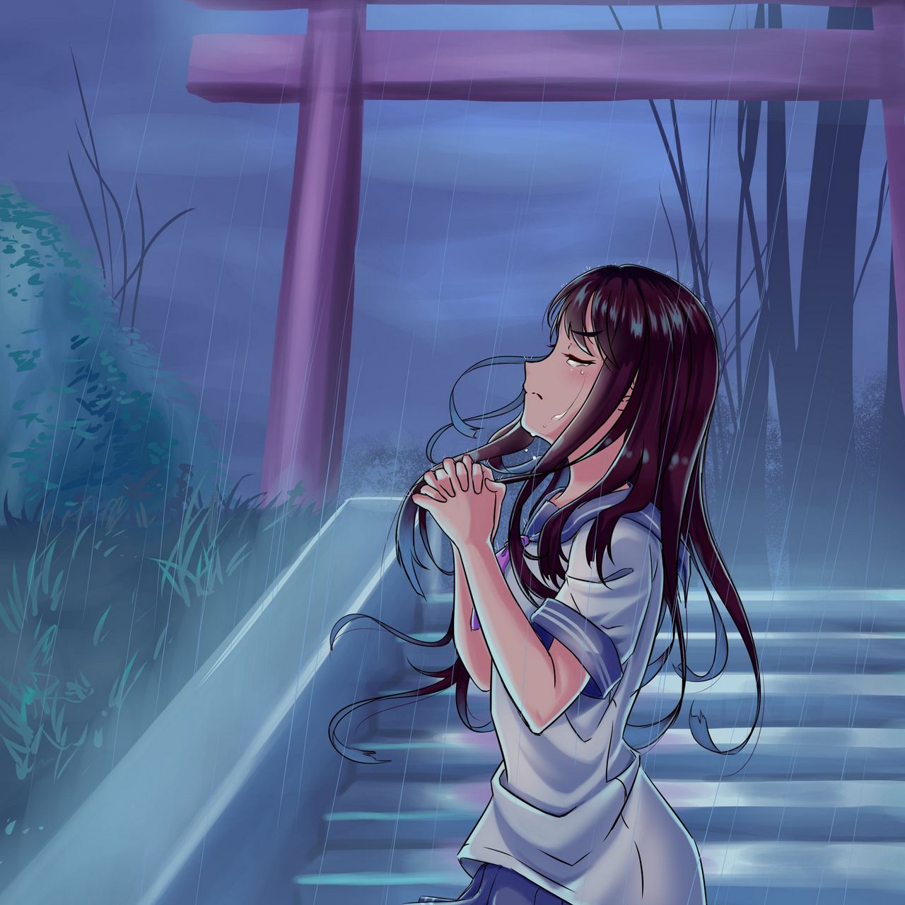 Download wallpaper 1280x1280 girl, alone, tears, sad, rain, prayer, anime  ipad, ipad 2, ipad mini for parallax hd background