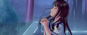 Preview wallpaper girl, alone, tears, sad, rain, prayer, anime