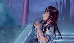 Preview wallpaper girl, alone, tears, sad, rain, prayer, anime