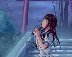 Preview wallpaper girl, alone, tears, sad, rain, prayer, anime