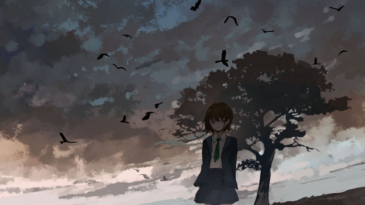 Wallpaper girl, alone, tree, birds, anime, art hd, picture, image