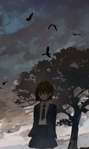 Preview wallpaper girl, alone, tree, birds, anime, art