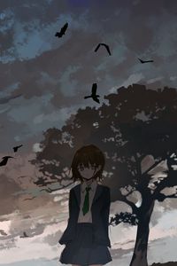 Preview wallpaper girl, alone, tree, birds, anime, art