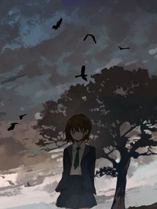 Preview wallpaper girl, alone, tree, birds, anime, art