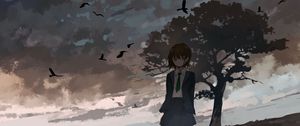 Preview wallpaper girl, alone, tree, birds, anime, art