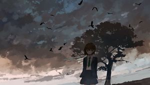 Preview wallpaper girl, alone, tree, birds, anime, art