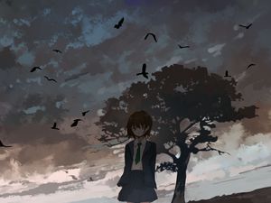 Preview wallpaper girl, alone, tree, birds, anime, art