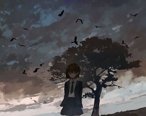 Preview wallpaper girl, alone, tree, birds, anime, art