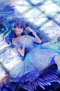 Preview wallpaper girl, angel, dress, wings, anime, art, blue