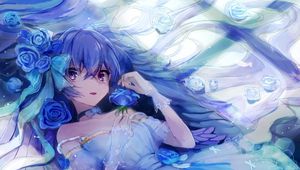 Preview wallpaper girl, angel, dress, wings, anime, art, blue