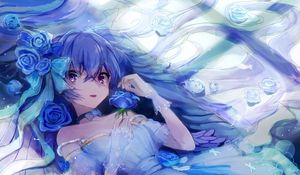 Preview wallpaper girl, angel, dress, wings, anime, art, blue