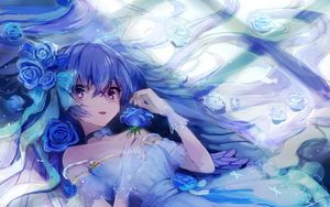 Preview wallpaper girl, angel, dress, wings, anime, art, blue