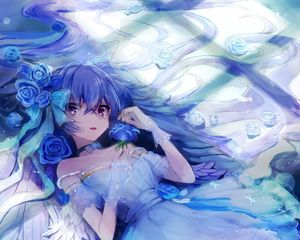 Preview wallpaper girl, angel, dress, wings, anime, art, blue