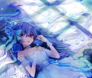 Preview wallpaper girl, angel, dress, wings, anime, art, blue