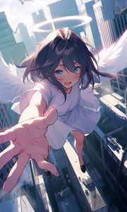 Preview wallpaper girl, angel, halo, flight, city, anime