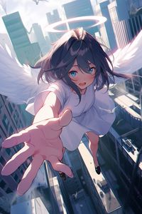 Preview wallpaper girl, angel, halo, flight, city, anime