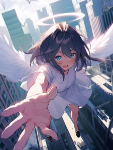 Preview wallpaper girl, angel, halo, flight, city, anime