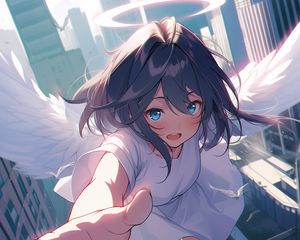 Preview wallpaper girl, angel, halo, flight, city, anime